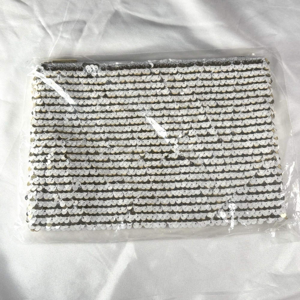 Tarte Cheers To You Makeup Bag Sequin Gold White Cosmetic Pouch‎ New 6x9 Sealed
